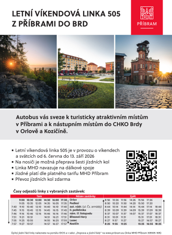 Z Příbrami do Brd návštěvníky přiblíží letní víkendová linka MHD 505